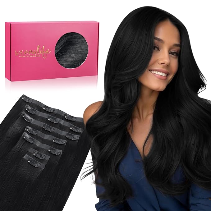 WENNALIFE Seamless Clip In Hair Extensions, 22 Inch 150g 7pcs Jet Black Hair Extensions Clip in Human Hair Invisible PU Skin Weft Natural Remy Human