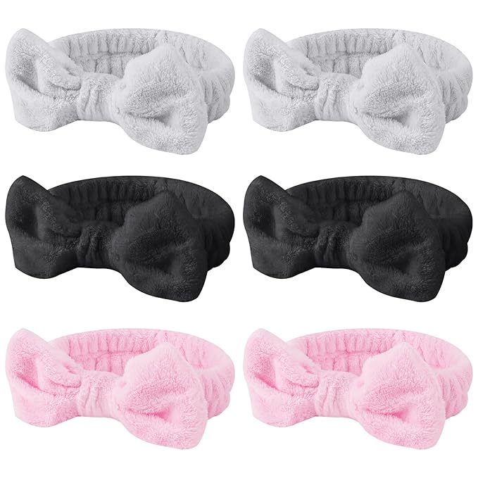 6 Pcs Fluffy Spa Headbands with Bow Style, Soft Coral Fleece for Face Washing, Makeup, Shower, and Yoga
