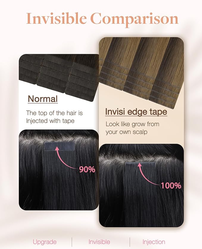 GOO GOO Invisi Edge Tape in Hair Extensions Human Hair, 2C/4E/6C Brown Sugar Swirl Highlights, 20pcs 24inch 50g, Virgin Remy Hair, Seamless Injected Tape, Natural Look