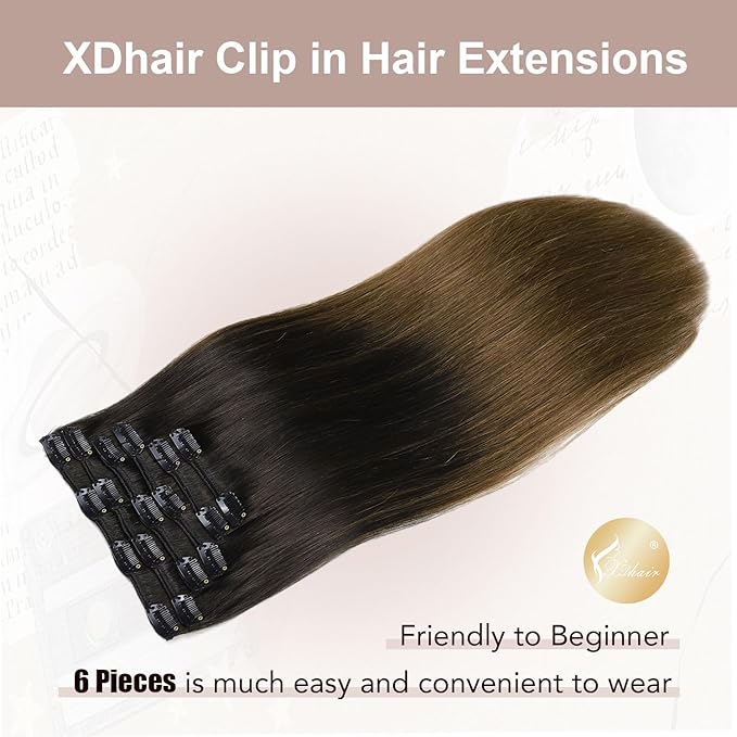 XDhair Clip in Hair Extensions Real Human Hair 100g 6Pcs Ombre Color Natural Black to Medium Brown Clip in Hair Extensions Natural Soft(#1BT4, 14 inch)