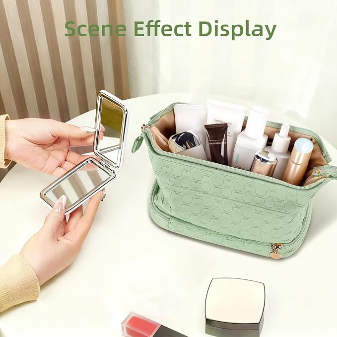 Abiudeng Large Capacity Makeup Bag Ladies Cosmetic Bag Travel Bag with Compartments Portable PU Leather Travel Makeup Bag with Handle