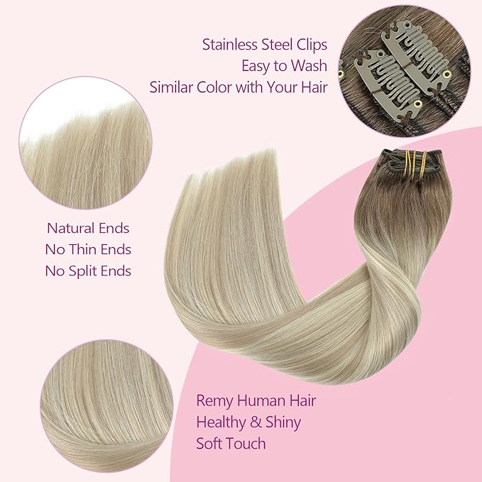 PINKPEARL Clip in Hair Extensions Real Human Hair, 18 Inch 120g 7pcs Human Hair Extensions Clip In, #8/60/18 Balayage Ash Brown to Platinum Blonde and Ash Blonde(#8/60/18-18)
