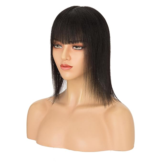 Hairro Human Hair Toppers with Wispy Bangs, 3D 360° Seamless Real Hair Toppers, Hand-Tied with 3.5"x4.7" U-shaped Base, Clip-In Hairpieces to Add Volume on Top, 12 Inch Natural Black