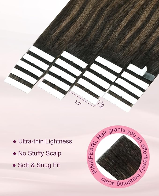 Pinkpearl Invisible Tape in Hair Extensions Human Hair, 20pcs 22inch 60g #2/6/18 Balayage Dark Brown to Chestnut Brown and Ash Blonde Injection Tape in Extensions Real Remy Human Hair Injected