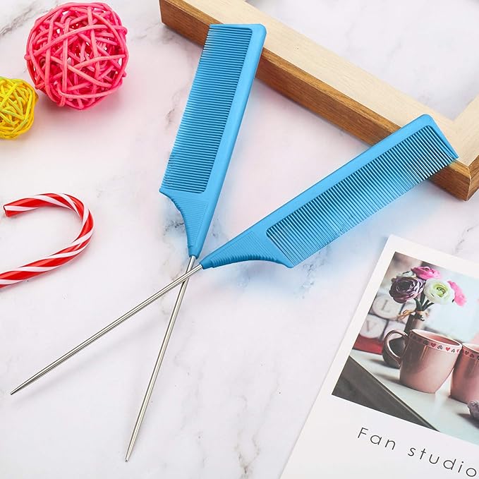 Leinuosen 3 Packs Rat Tail Comb Steel Pin Rat Tail Carbon Fiber Heat Resistant Teasing Combs with Stainless Steel Pintail ()