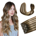 XDhair Human Hair Clip in Extensions 120g 20 Inch Chocolate Brown to Caramel with Chocolate Brown Roots Clip in Hair Extensions Real Human Hair Silky Straight 6pcs #4/27/4