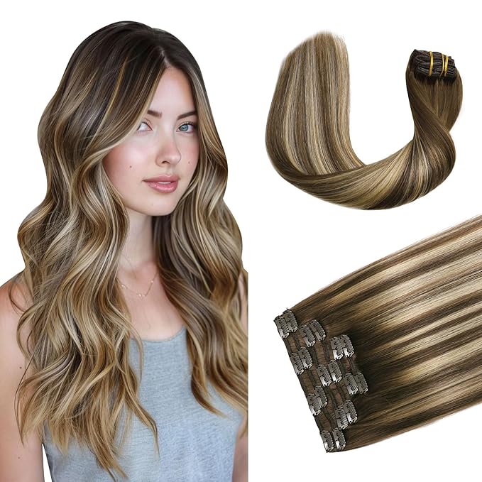 XDhair Clip-in Hair Extensions 120g18 Inch Balayage Chocolate Brown to Caramel Blonde Real Human Hair Extensions Clip in Human Hair Double Weft 6pcs (18inch, #4/27/4)
