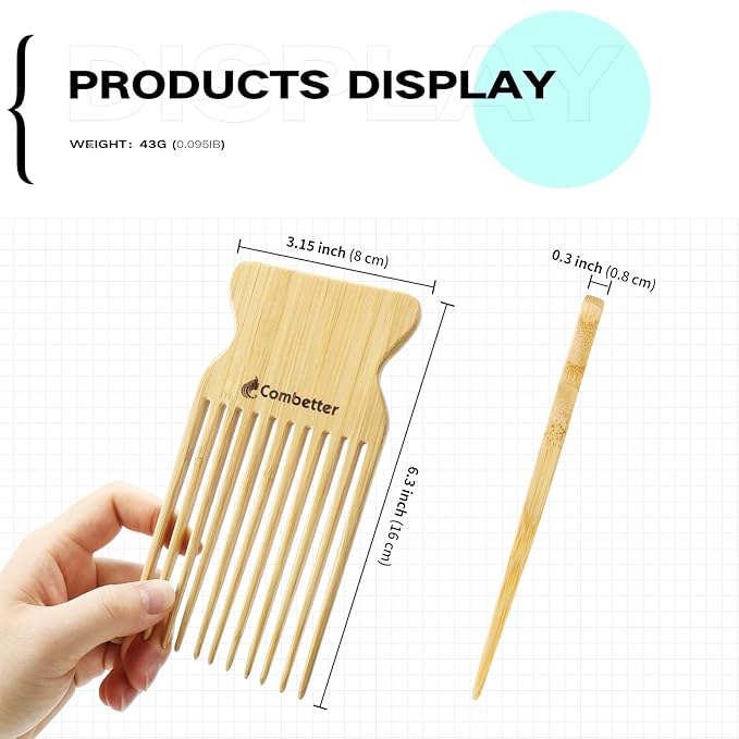 Combeter Bamboo Hair Pick Comb for Thick Curly Hair & Beard – Eco-Friendly Anti Static Afro Pick Wooden Comb for Detangling & Styling for Men, Women & Kids
