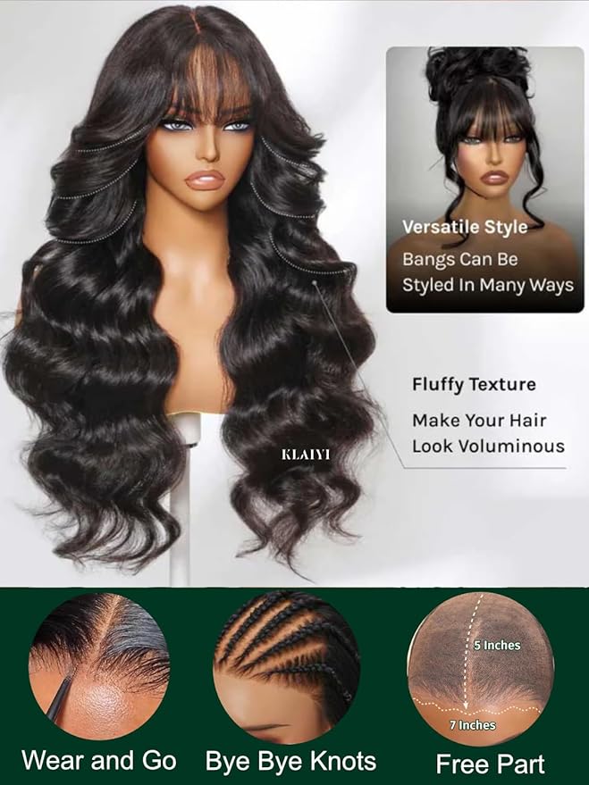 KLAIYI Fluffy Body Wave Curtain Bang Wig Bye Bye Knots Glueless Pre Cut 7x5 Lace Front Wigs Human Hair Loose Wave Pre Bleached Pre Plucked Pre Everything 3S Easy to Wear and Go Wig 180% Density 20Inch