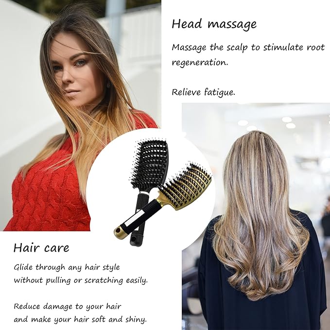 2PCS Curved Vented Hair Brush Boar Bristle Hair Brushes Paddle Detangling Brush Professional Styling Hairbrushes Detangler for Women/Men/Kids Wet Dry Thick Curly Straight Hair (Gold+Black)