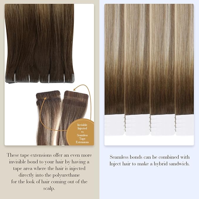 Full Shine Seamless Inject Tape in Extensions 5Pcs Virgin Tape Hair Color 3/8/22 Real Human Hair Extensions Invisible Tape in Hair Extensions Remy Human Hair for Women 22 Inch 12.5 Gram