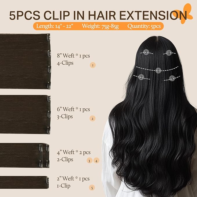 DOORES Clip in hair extensions, 5pcs 75g Dark Brown 14 Inch Human Hair Extensions Clip in Remy Hair Extensions Natural Straight