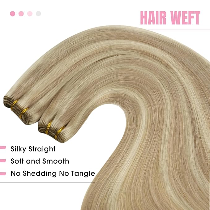 YoungSee Sew in Hair Extensions Real Human Hair Highlight Hair Weft Extensions Dark Ash Blonde Highlighted Light Blonde Soft Human Hair Extensions Sew in for Women 20In 100G