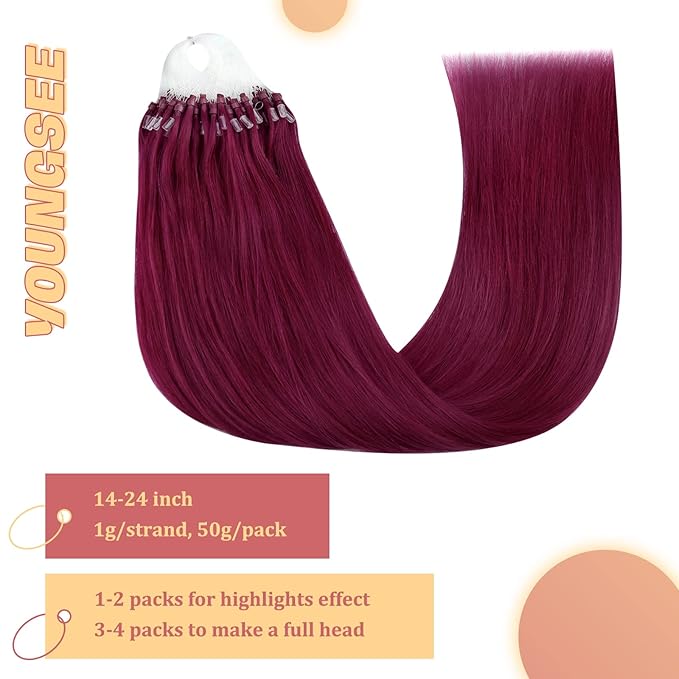 YoungSee Micro Bead Hair Extensions Human Hair Magenta Microlink Hair Extensions 24 Inch Micro Loop Hair Extension Real Human Hair Rosein 50s/50g for Party