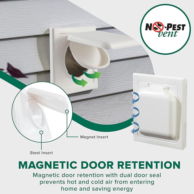 NO-PEST VENT, Exclusive Dual Door Dryer Vent Cover Outdoor 4 inch or Bathroom fan, Made in USA w Highest UV Resistant Plastic in any Outdoor Vent Cover (White, 4 inch W/O Duct Tube)