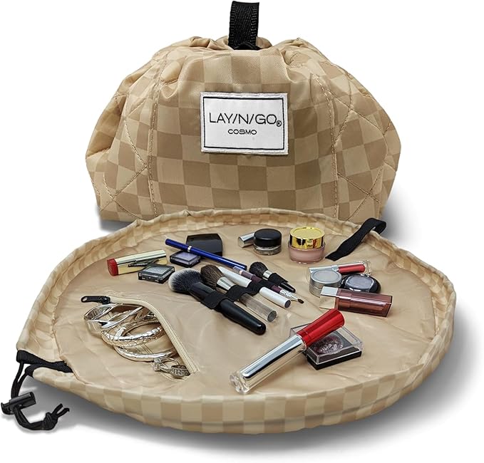 Lay-n-Go Cosmo Layflat Drawstring Cosmetic & Makeup Bag Organizer - Portable Drawstring Bag w/Zipper Pocket, Makeup Loops & More - Durable, Machine Washable Toiletry Bag for Travel (22", Checked)