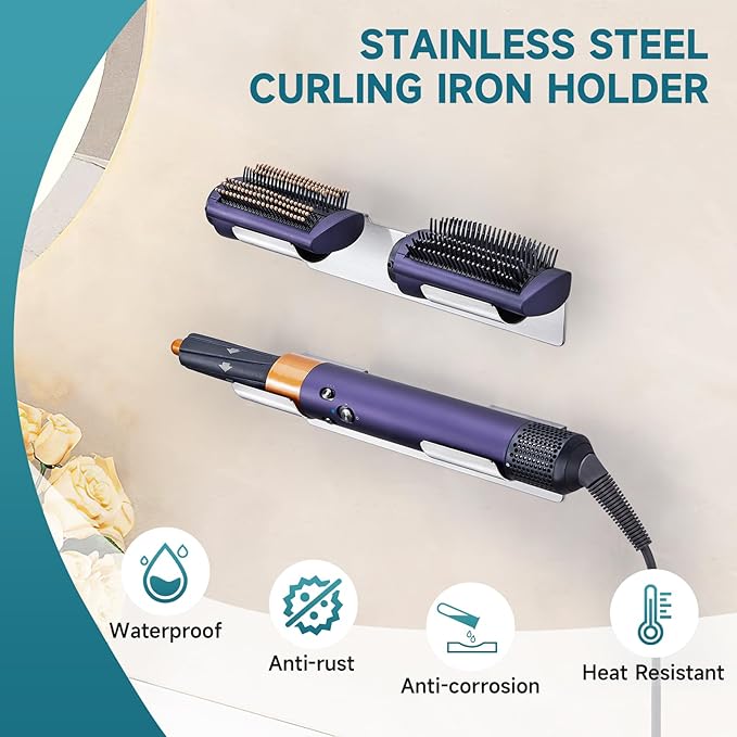 Curling Iron Holder Wall Mounted Hair Dryer Holder Straighteners Holder Hair Tool Organizer for Curling Wands Accessories Stainless Steels Adhesive Flat Iron Holder for Bathroom Barber Shops Vanity