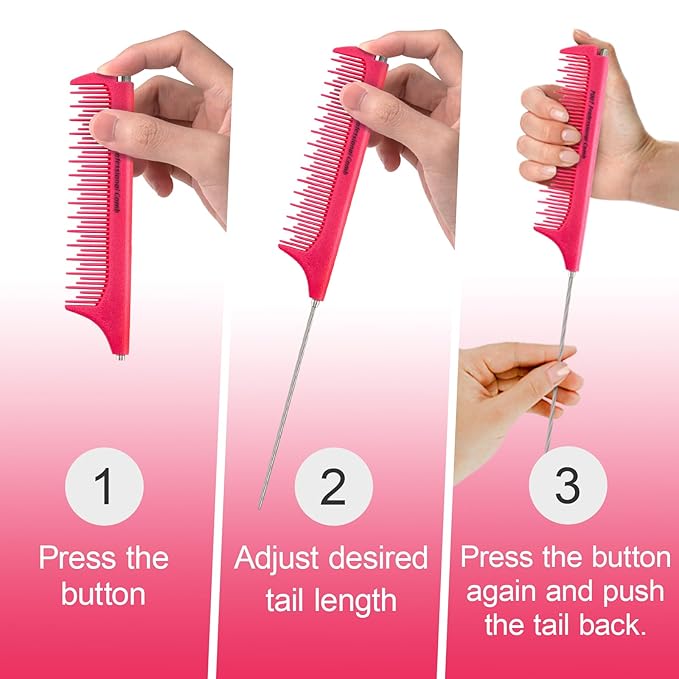 Rat Tail Combs for Parting,Protable Retractable Rat Tail Comb-Parting Combs for Hair Stylist-Stainless Steel Pin Tail Fine Tooth Teasing Comb Heat Resistant Anti Static(Pink)