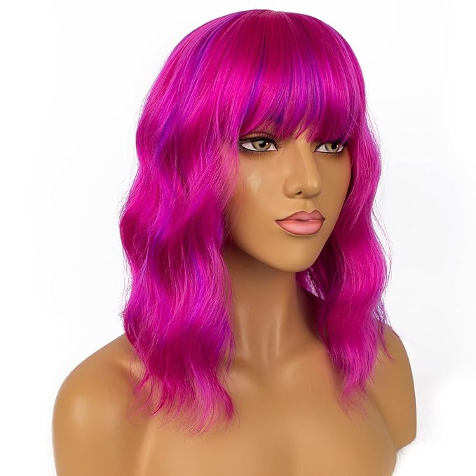 LANICE Short Bob Wigs with Bangs for Women Loose Wavy Hair Shoulder Length Rose Mix Purple Wigs Synthetic Colorful Wigs for Cosplay Daily PartyUse(Rose Mix Purple,12inch)