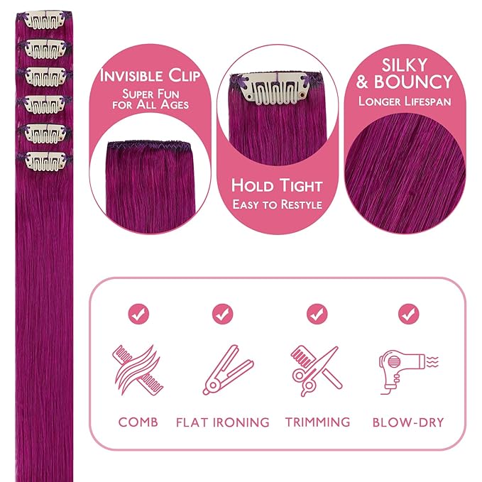 WENNALIFE Violet Clip in Hair Extensions Real Human Hair 35g 6pcs 18 Inch Colored Hair Extensions for Kids Women Colorful Hair Pieces Pop-up Style Straight Extensiones De Cabello Humano Con Clip