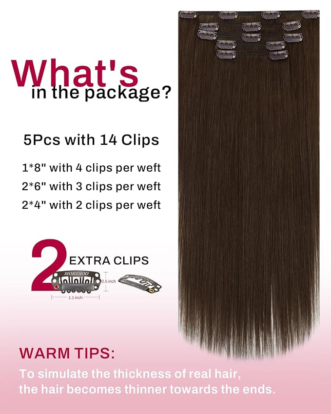 Moresoo Clip in Hair Extensions Real Human Hair Double Weft Human Hair Clip in Extensions Straight Medium Brown #4 5pcs 80g 16inch