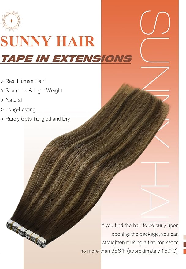 Sunny Hair Tape in Extensions for Women Real Hair 14 inch 100g Tape in Hair Extensions Human Hair Dark Brown Balayage Caramel Blonde Hair Extensions Tape in 40Pcs