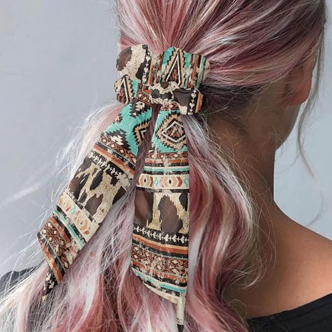 2 Pack Aztec Knotted Bow Hair Scrunchies Elastic Hair Scarf Ethnic Geometric Ribbon Scrunchy Cow Print Bow Hair Ties with Flowing Tails