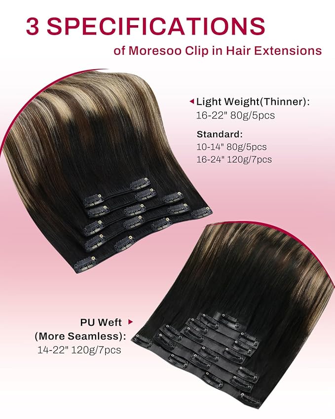 Moresoo Balayage Hair Extensions Clip ins Natural Black to Brown with Honey Blonde Clip in Real Human Hair Ombre Black to Blonde for Women Remy Human Hair Long Full Head 80g/5pcs 18 inch
