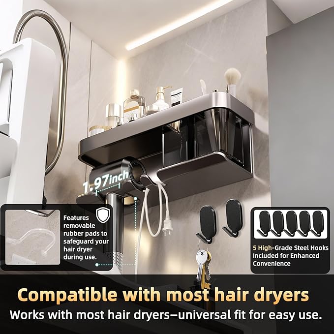 Wall-Mounted Hair Dryer Holder, Blow Dryer Holder, Space-Saving Bathroom, Bedroom Organizer Hair Dryer Stand for Home, Dorm, Salon Includes 5 PCS Carbon Steel Hooks (Black)