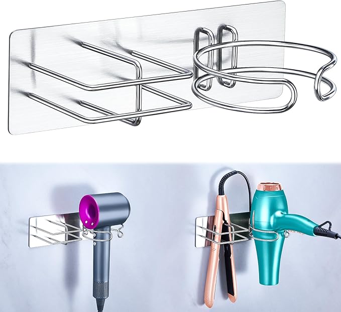 Hair Dryer and Straightener Holder Wall Mounted, Self Adhesive Blow Dryer and Flat Iron Storage Hair Tool Organizer for Bathroom Vanity (Silver)