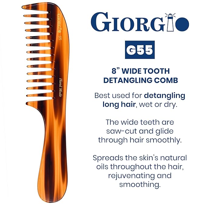 Giorgio G55 Wide Tooth Comb for Wet Hair Detangling, Hair Comb for Thin to Medium Thickness Hair Detangler, Hair Combs for Women, Handmade Large Tooth Rake Comb Saw-Cut and Hand Polished