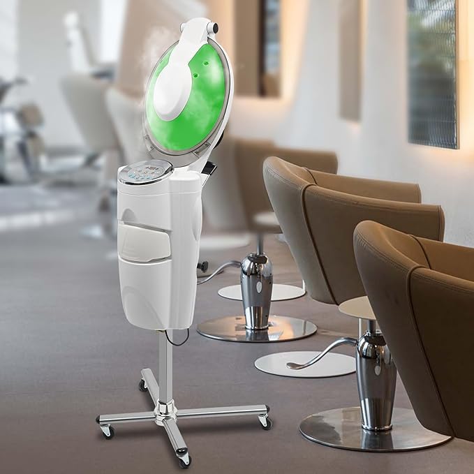 Hair Steamer Professional Hair Salon Steamer with 12 Color Light & Ozone，Adjustable Height Hair Steamer with Wheels (White)