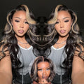 KLAIYI Bye Bye Knots Glueles Highlight Blonde Body Wave Wig Human Hair Precut 7x5 HD Lace Front Wig Pre Plucked Pre Bleached Ombre Wig with Dark Roots Chocolate Brown Wig 16Inch