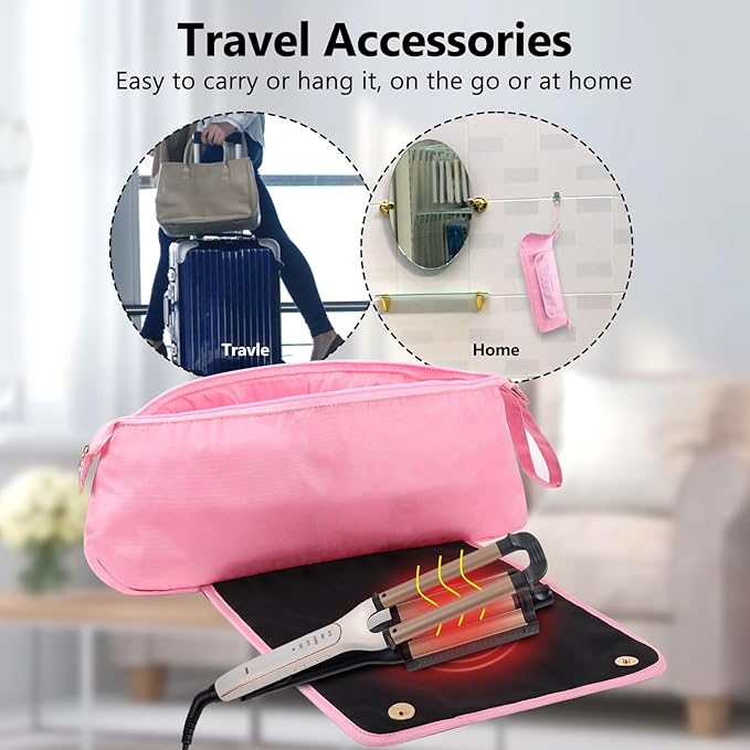 Large Hair Tools Travel Bag with Heat Resistant Mat for Straighteners, Curling Iron, Haircare Accessories, Hair Styling Tools Bag with Silicone Mat (Pink)