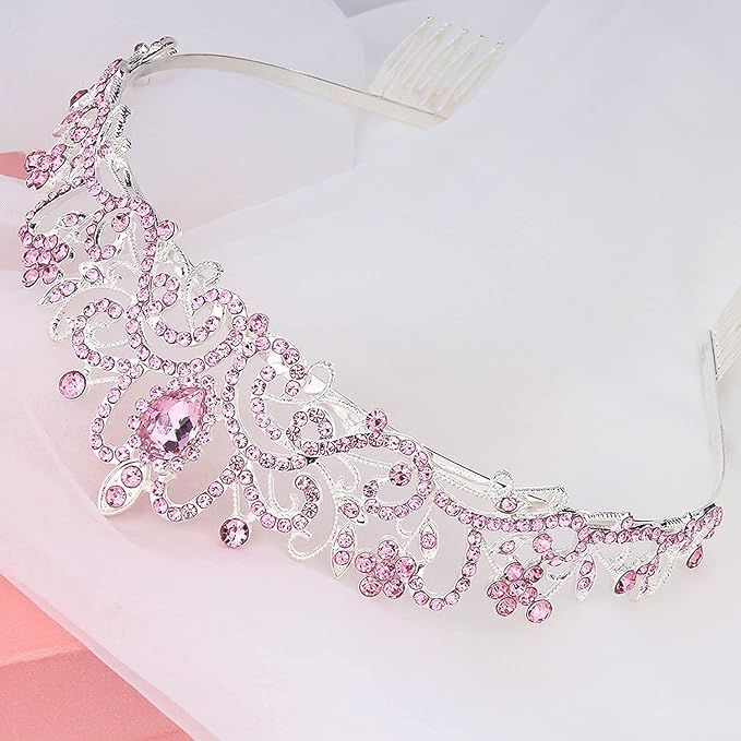 Didder Silver Tiaras and Crowns for Women, Pink Crystal Tiara Crowns For Women Girls Elegant Crown with Combs Princess Crown Tiara Birthday Crowns for Women Bridal Wedding Prom Birthday Party