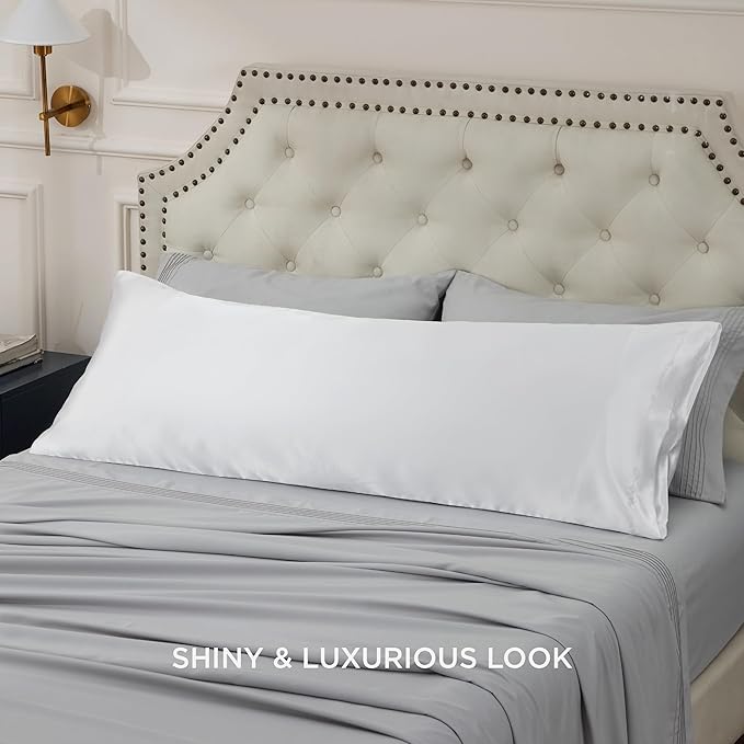Bedsure Satin Body Pillow Pillowcase - Similar to Silk White Body Pillow Cover Case with Envelope Closure,Cooling and Silky Long Pillowcase for Hair and Skin,20x54 Inches