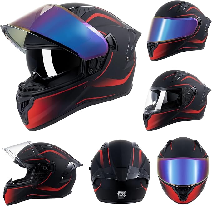 Full Face Motorcycle Helmets for Adult Men Women, DOT Approved Street Bike Racing Helmet Dual Visor Quick Release Buckle, Motorbike ADV Moped Helmet with Extra Clear Visor