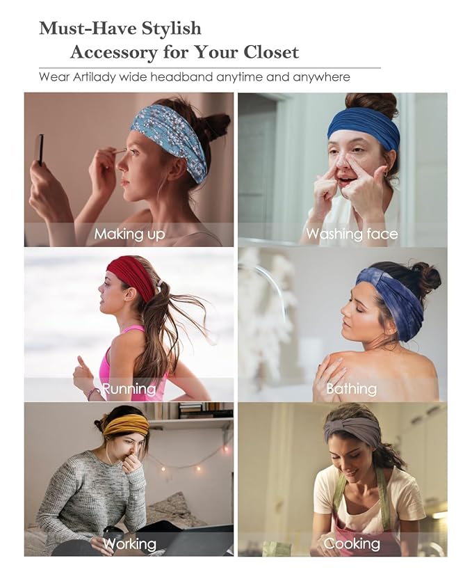 Artilady Wide Bandana Headbands for Women-Boho Bandeau Head Band Bohemian Paisley Red Headwrap Soft Athletic Elastic Sweat Non Slip Hair Bands for Curly Hair Accessories 6 PCS