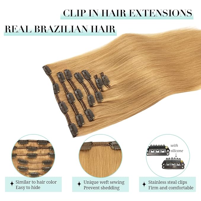 DOORES Real Human Hair Extensions, Honey Blonde 24 Inch 7pcs 120g, Clip in Remy Hair Extensions - Thick, Silky, Straight