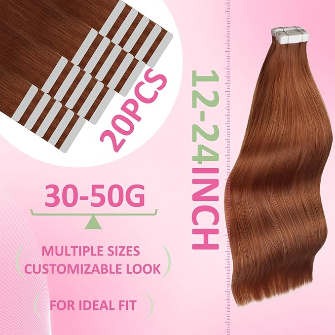 YoungSee Tape in Hair Extensions Copper Tape in Extensions Human Hair 14Inch Tape in Real Hair Extension Copper for Women 20Pcs 50G