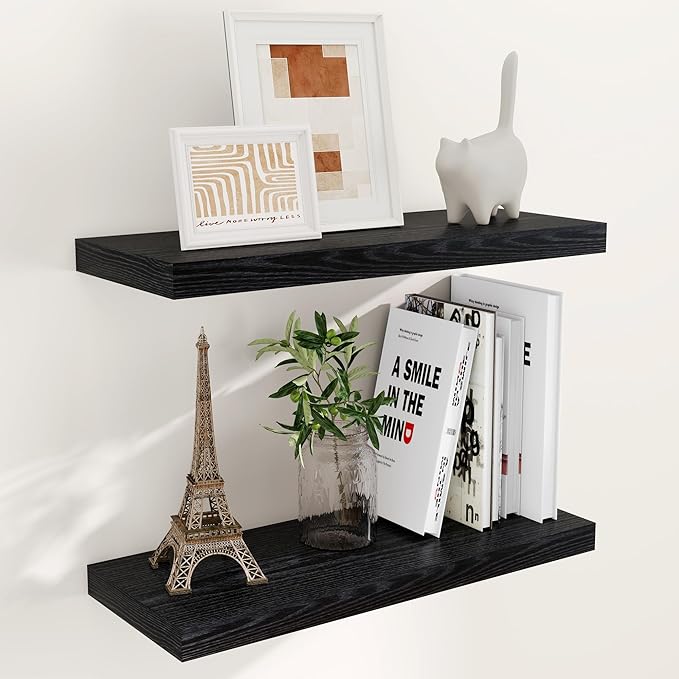 24 Inch Floating Shelves, Rustic 24 x 9 Black Floating Shelf for Wall, Black Bathroom Shelf Set of 2, Farmhouse Wood Wall Shelves for Bedroom, Kitchen, 9 Inch Deep Shelves for Home Storage