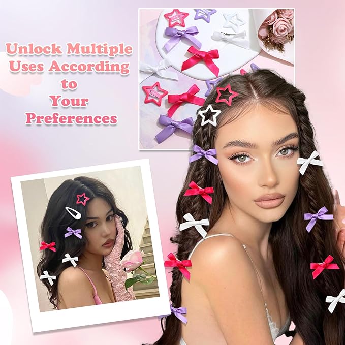 36Pcs Hot Pink Mini Hair Bows Purple Star Snap Hair Barrettes for Women White Water Drop No Slip Hair Clips Small Bow Hair Clips Star Bowknot Hair Accessories for Teens Girls