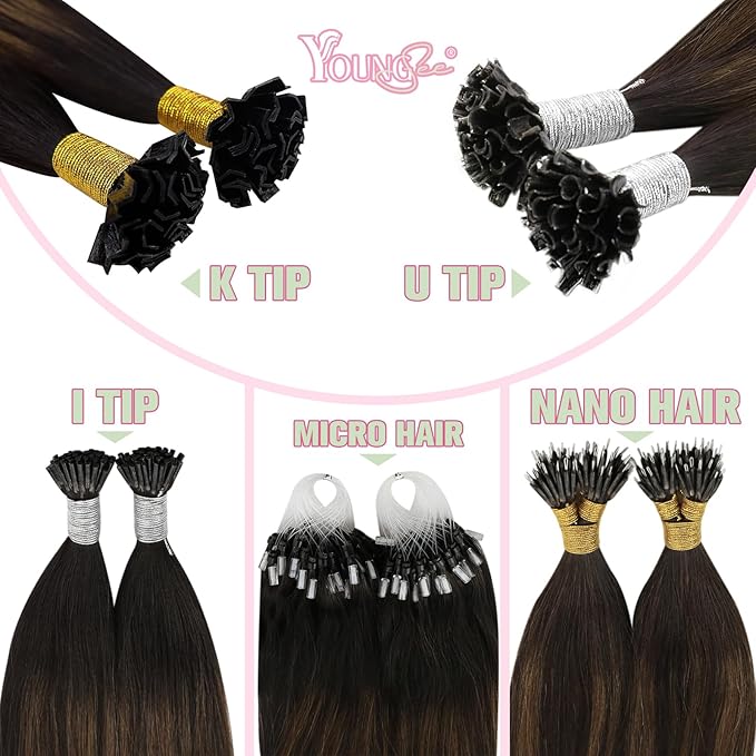 YoungSee K Tip Hair Extensions Human Hair Brown Balayage Hair Extensions K Tip Dark Brown Ombre 16In 50s/50G