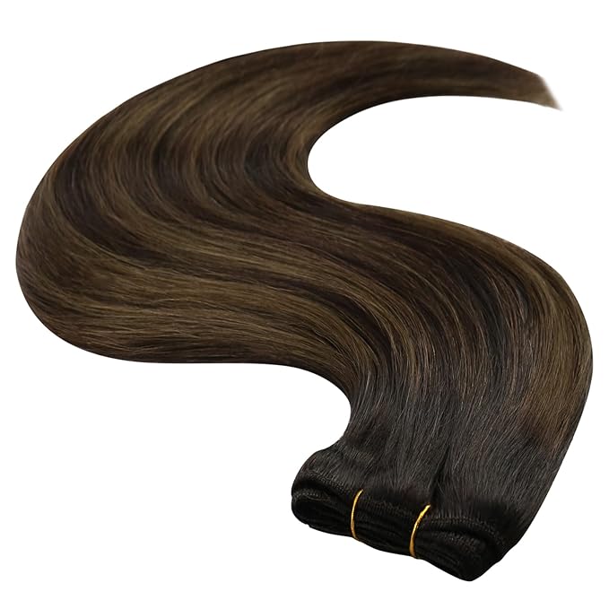 YoungSee Weft Hair Extensions Brown Balayage Straight Weft Hair Extensions Human Hair Ombre Sew in Extensions Dark Roots to Medium Brown Highlights Remy Hair 20Inch 100G