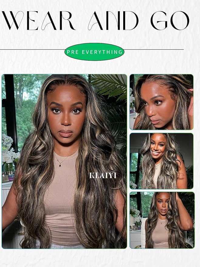 KLAIYI Bye Bye Knots Glueless Wig Human Hair 13x4 Balayage Highlight 3D Body Wave Precut Lace Front Wig with Baby Hair Black Mix Blonde Brown Pre Plucked Pre Bleached Knots Wig 30S Easy to Wear 26Inch