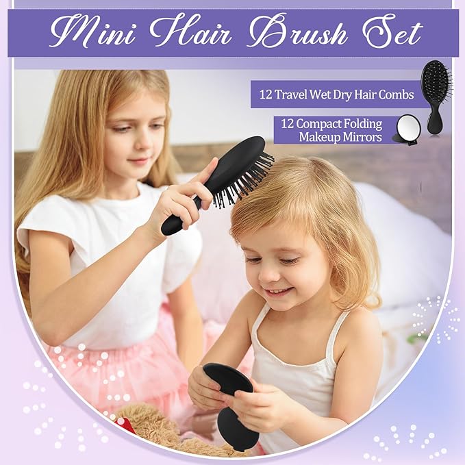 Meanplan 48 Pcs Mini Hair Brush Set 24 Travel Wet Dry Hair Combs Pocket Detangling 24 Compact Folding Makeup Mirrors for Spa Sleepover Birthday Bridal Shower Bachelorette Christmas Party Gift(Black)