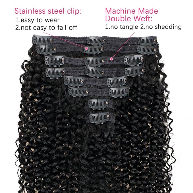 Kinky Curly Clip in Hair Extensions Real Human hair For Women Brazilian Virgin 3c 4a Curly Clip ins Human Hair Extensions (16inch,#1B)
