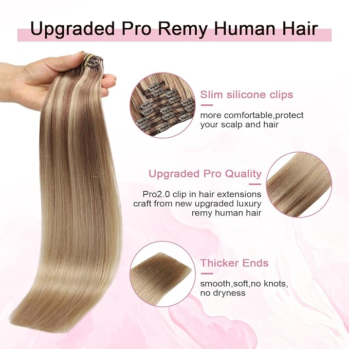 Pro2.0 Clip in Hair Extensions Real Human Hair 22inch 7pcs #10/16/16 Ash Brown to Caramel Blonde Real Hair Extensions Clip in Human Hair 120g Double Weft（#10/16/16-22inch）