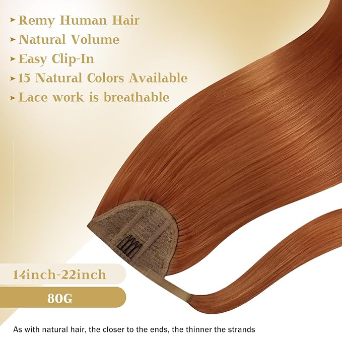 Ve Sunny Hair Extensions Ponytail Real Human Hair 80G Wrap Around Clip in Ponytail Hair Extensions Straight Extensions Human Hair for Women Copper 14inch