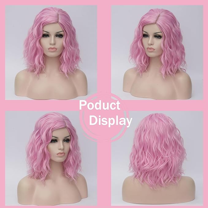 BUFASHION 14" Women Short Light Pink Kinky Straight Cosplay Synthetic Wigs With Air Bangs 46 Colors Available (Light Pink)
